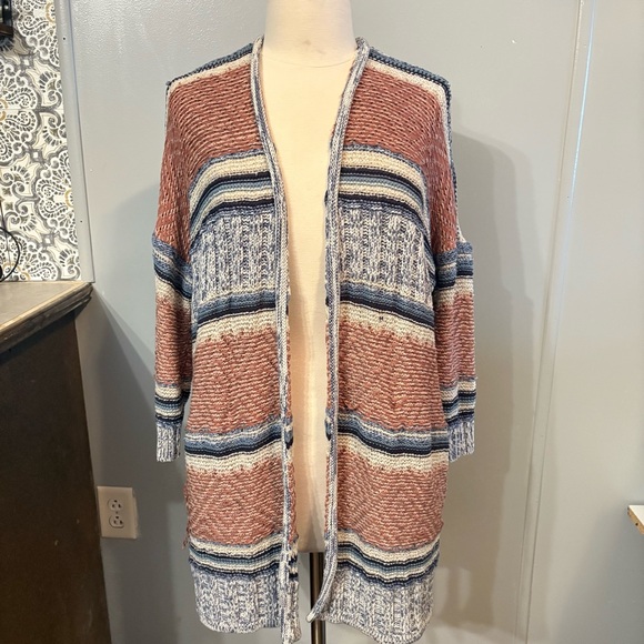 American Eagle Distressed Brown Navy Blue White Striped Cardigan (Women's M) - Picture 1 of 10